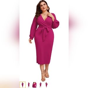 Pink V Neck Faux Wrap Pencil Skirt Dress with Lantern Sleeves